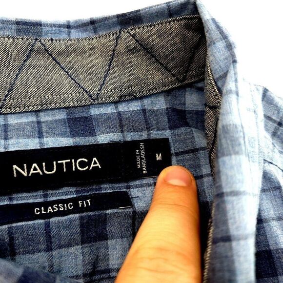 Nautica Classic Fit Medium Blue Plaid Pocket Front Cotton Button Down - Picture 10 of 12